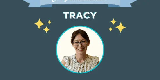 A congratulations banner is at the top of the post, with TRACY written below. A headshot of Tracy also features with 2 years at Niche written below.