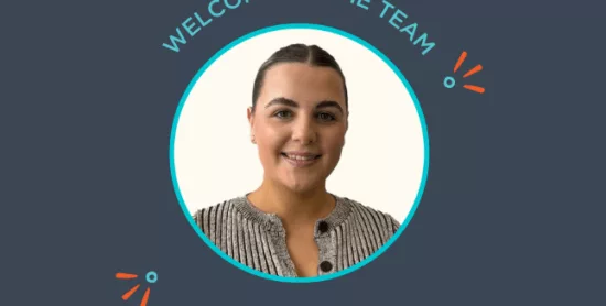 Picture of Chloe in a circular frame with a blue border. 'Welcome to the team Chloe' is written in light blue above chloes picture, following the curvature of the circular frame.