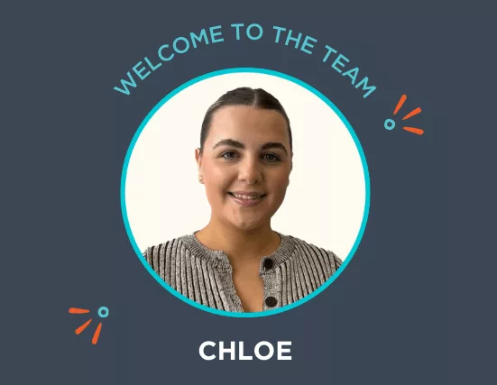 Picture of Chloe in a circular frame with a blue border. 'Welcome to the team Chloe' is written in light blue above chloes picture, following the curvature of the circular frame.