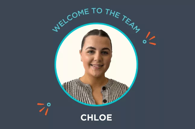 Picture of Chloe in a circular frame with a blue border. 'Welcome to the team Chloe' is written in light blue above chloes picture, following the curvature of the circular frame.